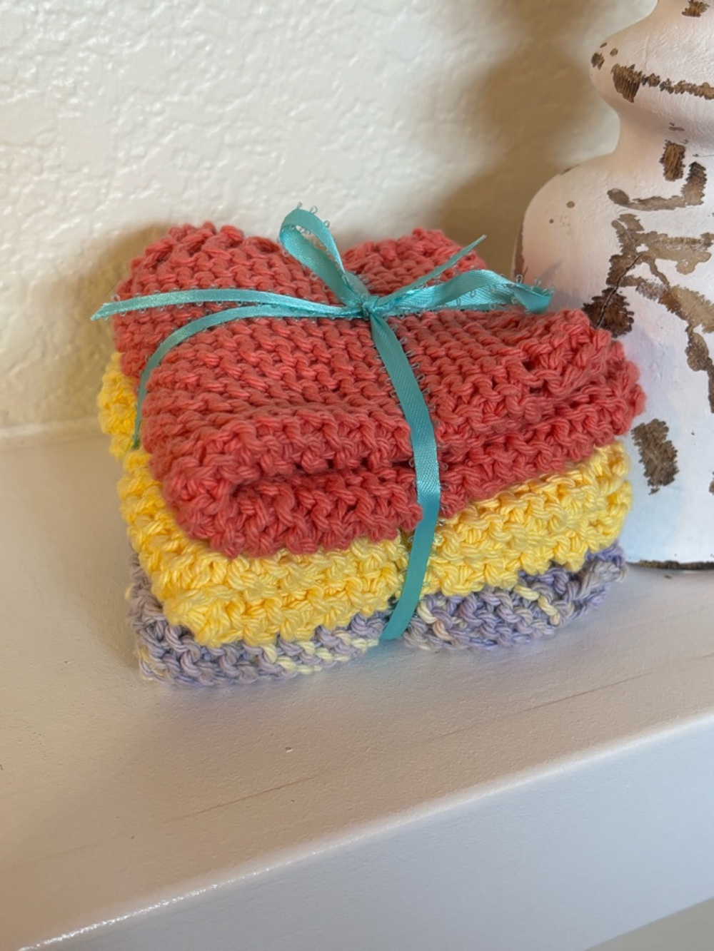 ✨ Handmade Knit Dishcloth / Washcloth Set - Coral, Yellow, Lavender (Multi) ✨
